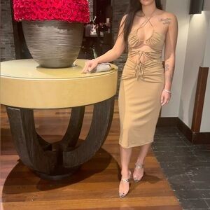 House of CB Brown Ruched Tie Front Halter Dress